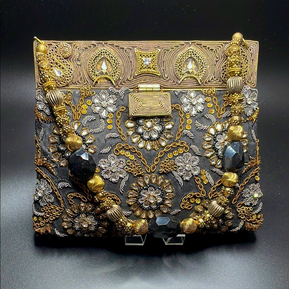 MEERA MAHADEVIA~EVENING BAG~EMBROIDERED/BEADED BY HAND ON BLACK SILK